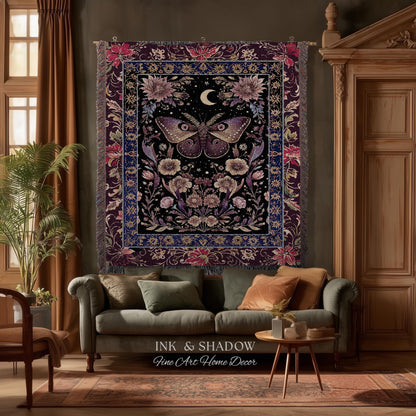 Mystic Moth Moon Woven Throw Blanket Whimsigothic Purple Dark Cottgecore Decor | Whimsical Boho Butterfly Dark Floral Fairycore Tapestry