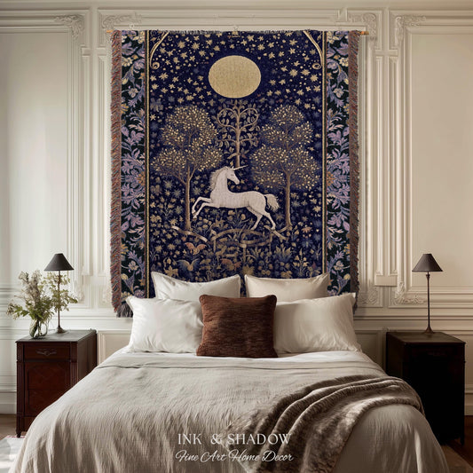 Medieval Fairytale Unicorn Tapestry | Gothic Whimsical Eclectic Fairycore Woven Blanket Victorian Gothic Dark Floral Decor French Baroque |