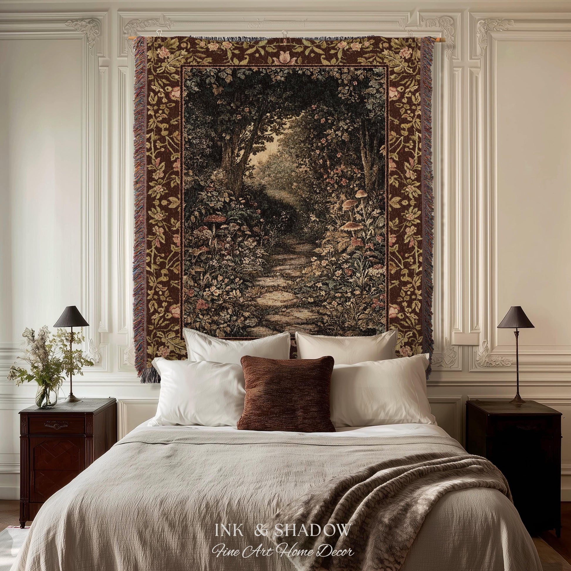 Fairy Ethereal Forest Tapestry Blanket Mystic Dark Academia Folklore Inspired, Magical Medieval Forestcore Botanical Woodland Woven Throw