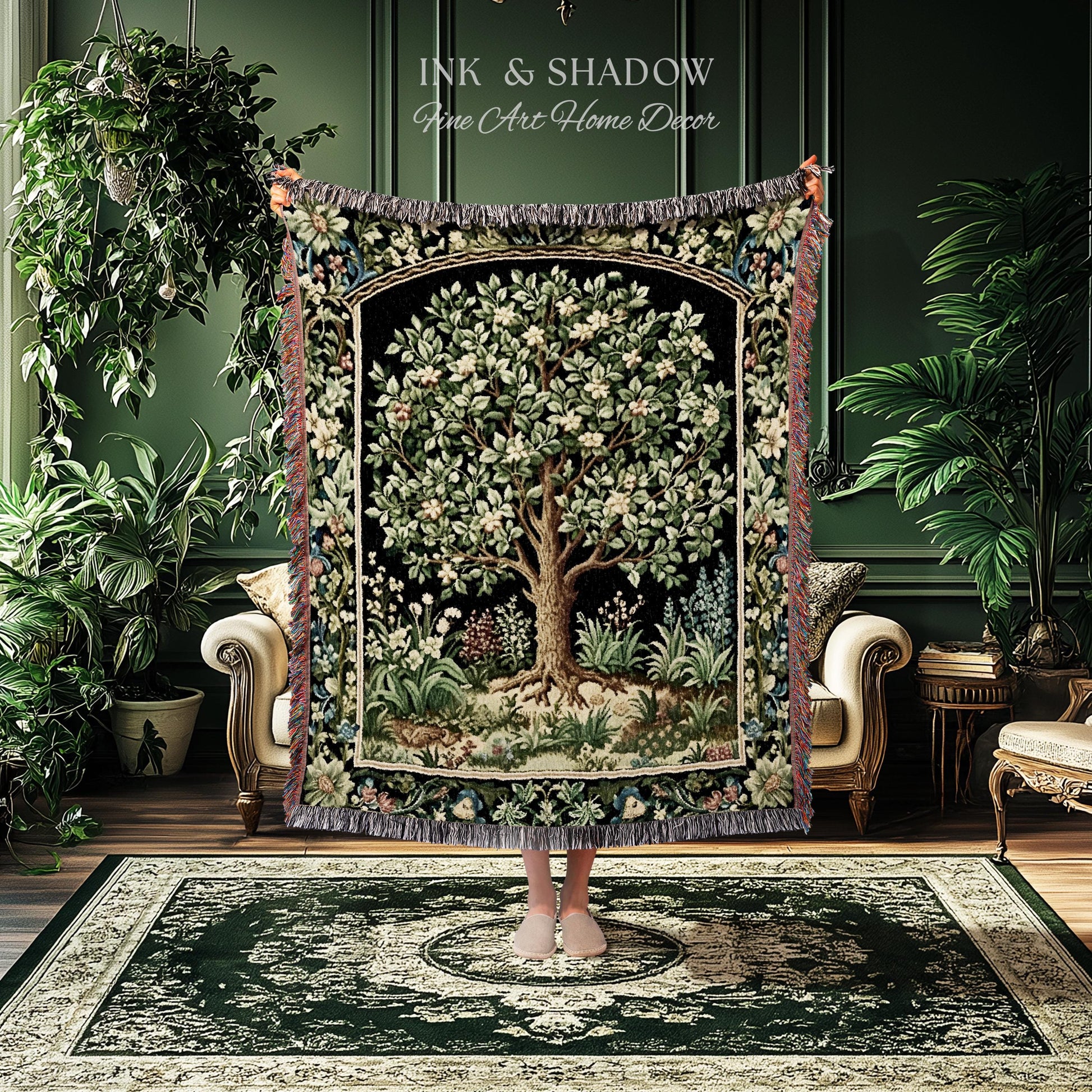Tree Of Life Woven Blanket | William Morris Inspired Throw Botanical Tapestry Medieval Aesthetic Nordic Tapestry Renaissance Room Decor |
