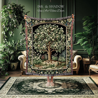 Tree Of Life Woven Blanket | William Morris Inspired Throw Botanical Tapestry Medieval Aesthetic Nordic Tapestry Renaissance Room Decor |