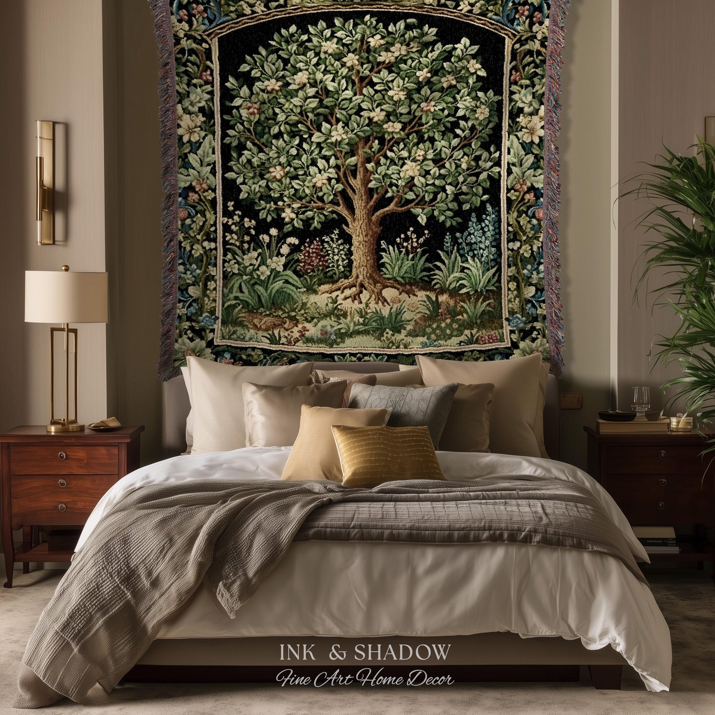 Tree Of Life Woven Blanket | William Morris Inspired Throw Botanical Tapestry Medieval Aesthetic Nordic Tapestry Renaissance Room Decor |