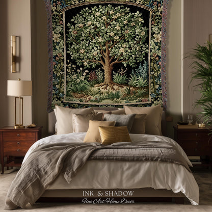 Tree Of Life Woven Blanket | William Morris Inspired Throw Botanical Tapestry Medieval Aesthetic Nordic Tapestry Renaissance Room Decor |