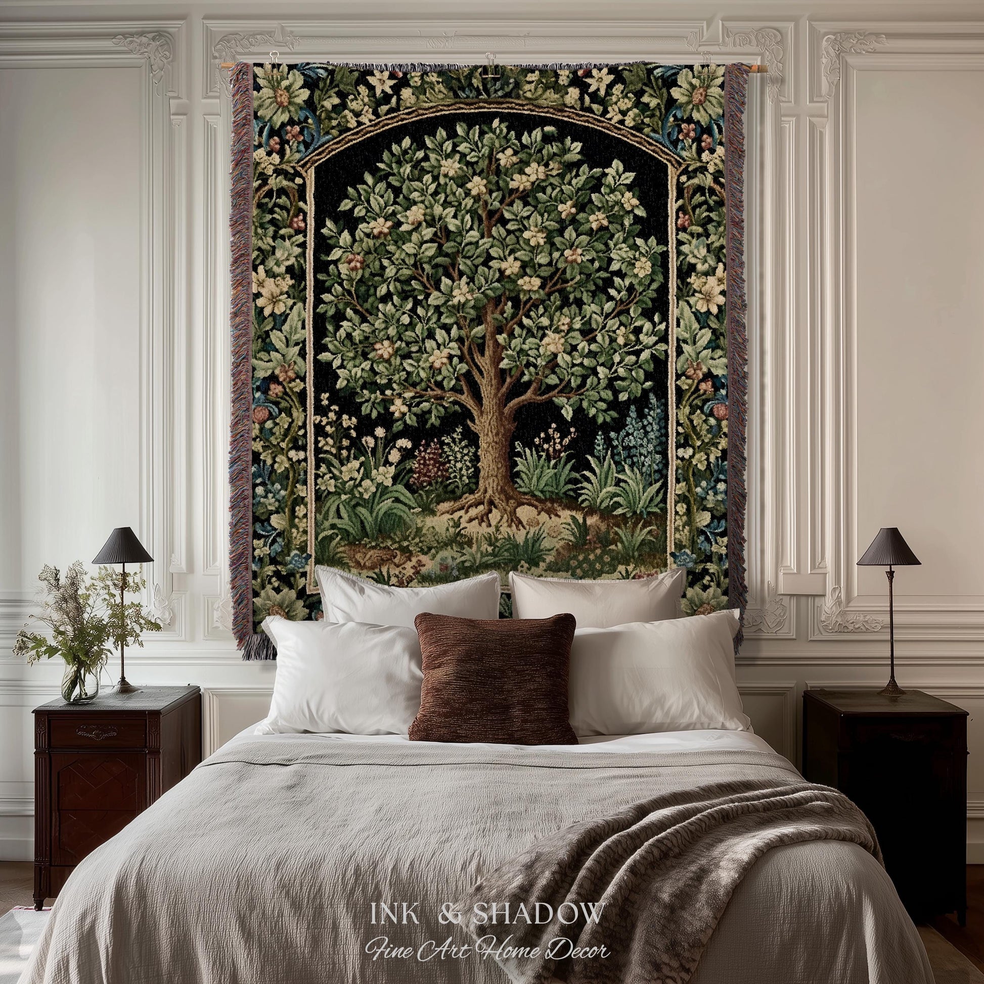 Tree Of Life Woven Blanket | William Morris Inspired Throw Botanical Tapestry Medieval Aesthetic Nordic Tapestry Renaissance Room Decor |