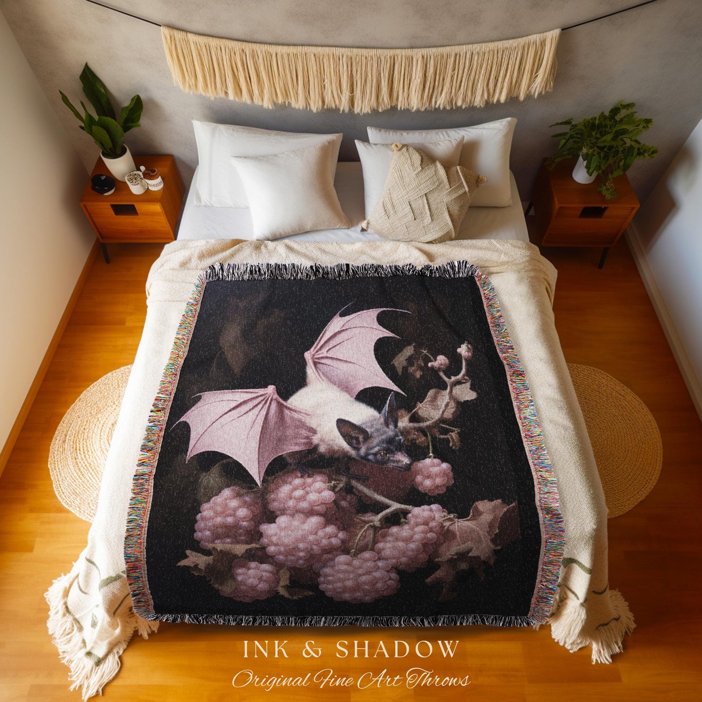 Mauve Pink Bat Tapestry Woven Throw Blanket Pastel Decor Halloween | Bat Tapestry Pastel Goth Art Gothic Decor Tapestry Woven Wall Hanging |