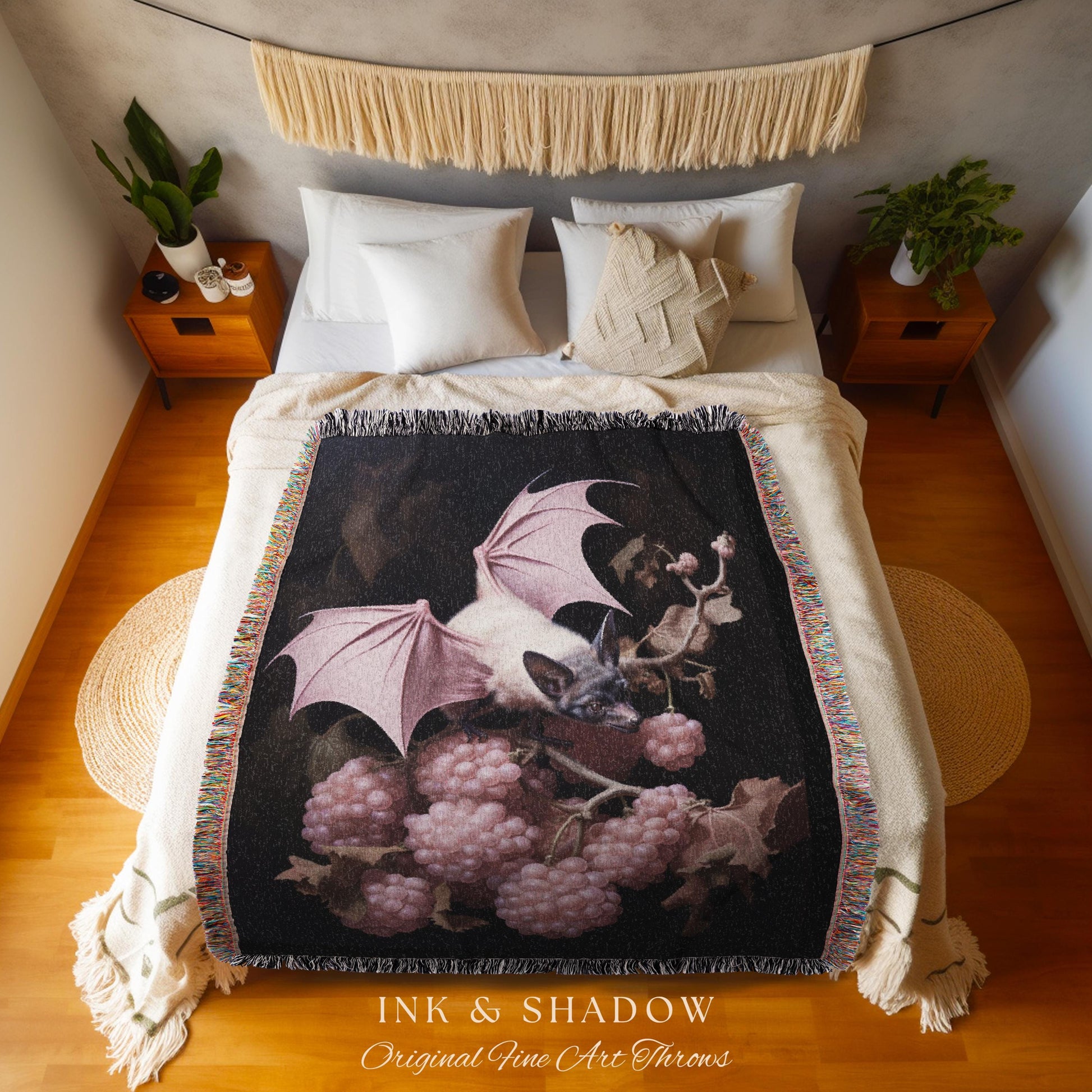 Mauve Pink Bat Tapestry Woven Throw Blanket Pastel Decor Halloween | Bat Tapestry Pastel Goth Art Gothic Decor Tapestry Woven Wall Hanging |