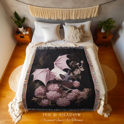 Mauve Pink Bat Tapestry Woven Throw Blanket Pastel Decor Halloween | Bat Tapestry Pastel Goth Art Gothic Decor Tapestry Woven Wall Hanging |