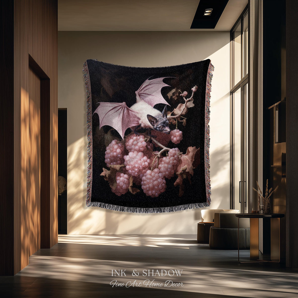 Mauve Pink Bat Tapestry Woven Throw Blanket Pastel Decor Halloween | Bat Tapestry Pastel Goth Art Gothic Decor Tapestry Woven Wall Hanging |