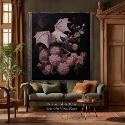 Mauve Pink Bat Tapestry Woven Throw Blanket Pastel Decor Halloween | Bat Tapestry Pastel Goth Art Gothic Decor Tapestry Woven Wall Hanging |