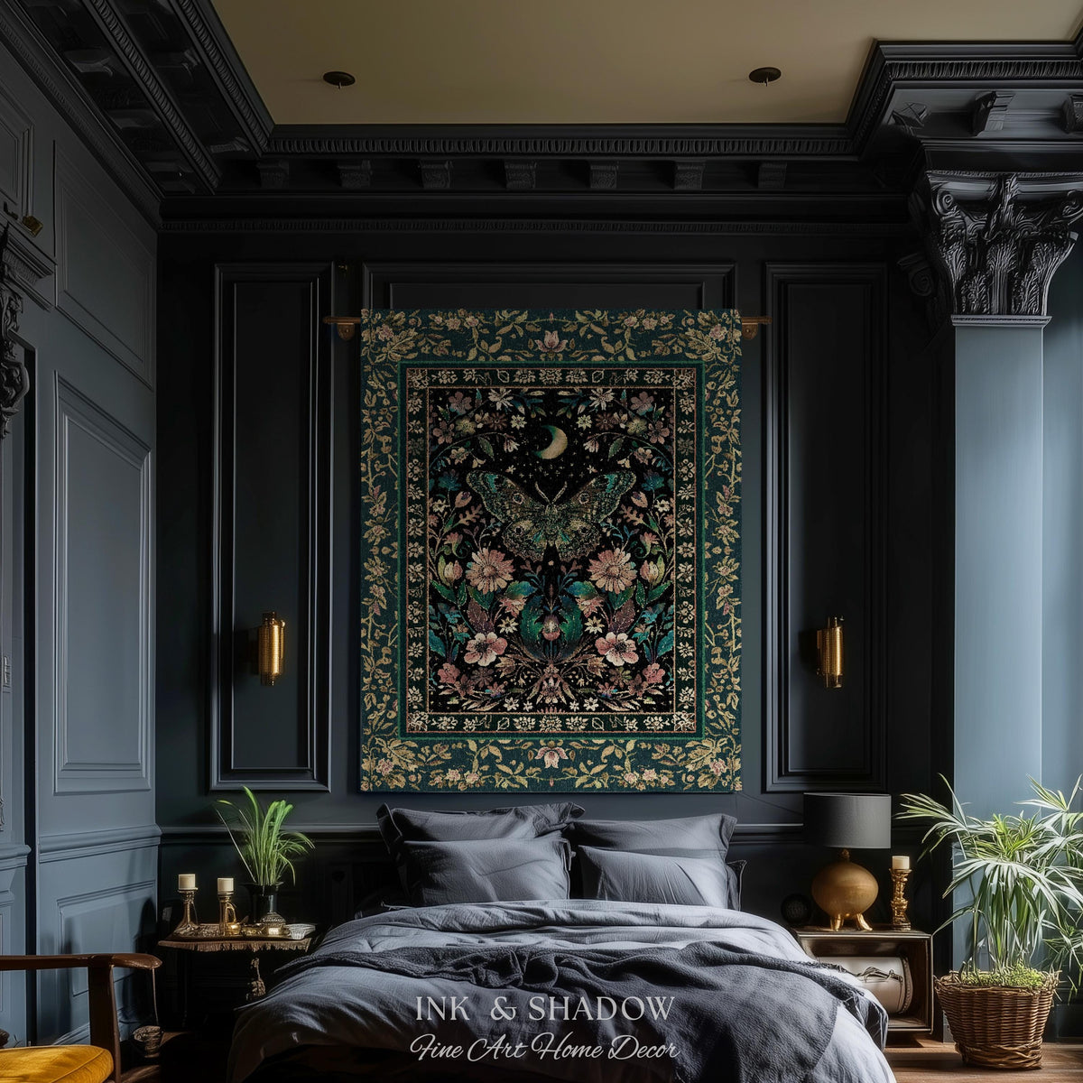 Mystic Moonlit Garden Moth Blanket Whimigothic Fairycore Decor | Dark Floral Witchy Moth Tapestry Whimsical Decor Butterfly Cottagecore Gift
