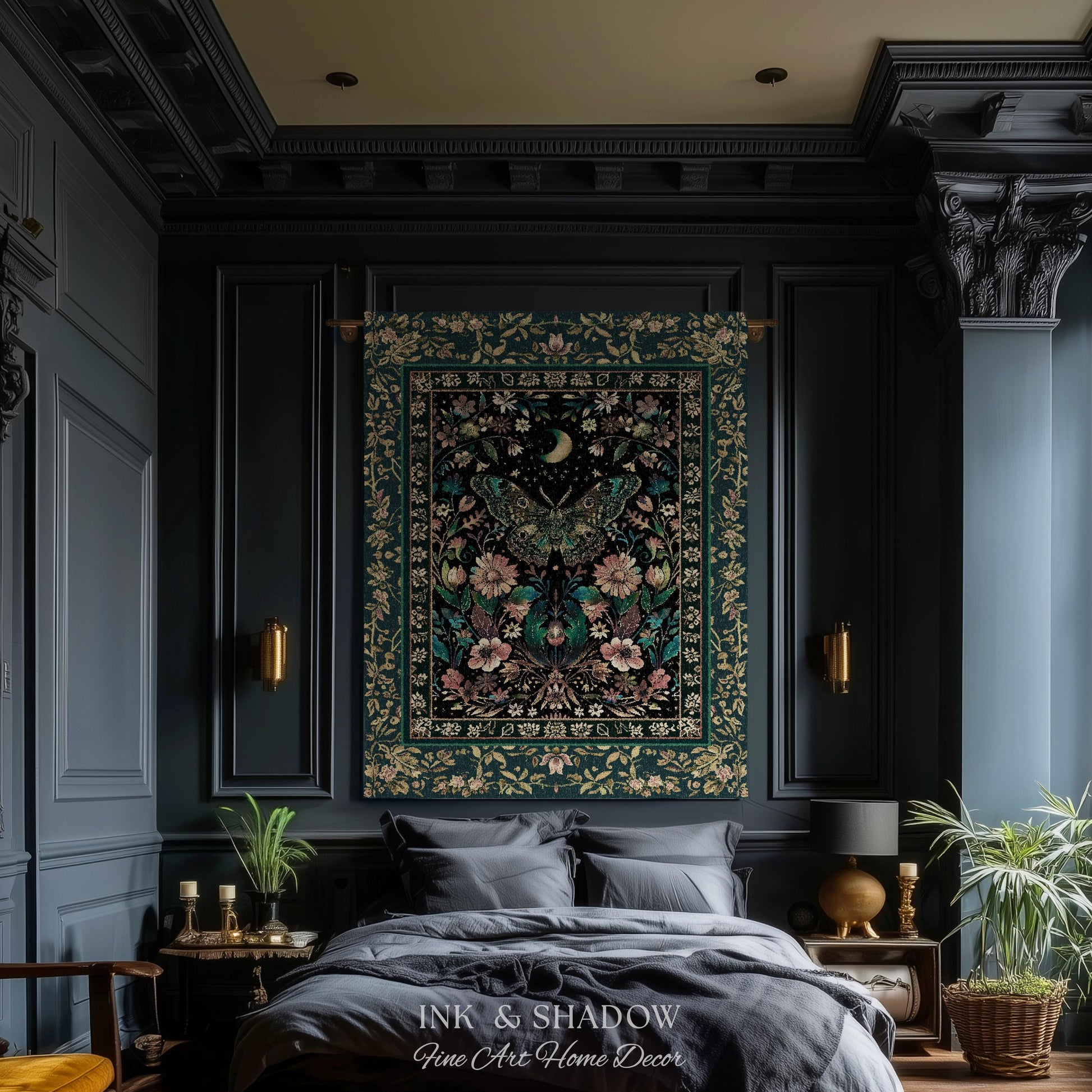 Mystic Moonlit Garden Moth Blanket Whimigothic Fairycore Decor | Dark Floral Witchy Moth Tapestry Whimsical Decor Butterfly Cottagecore Gift