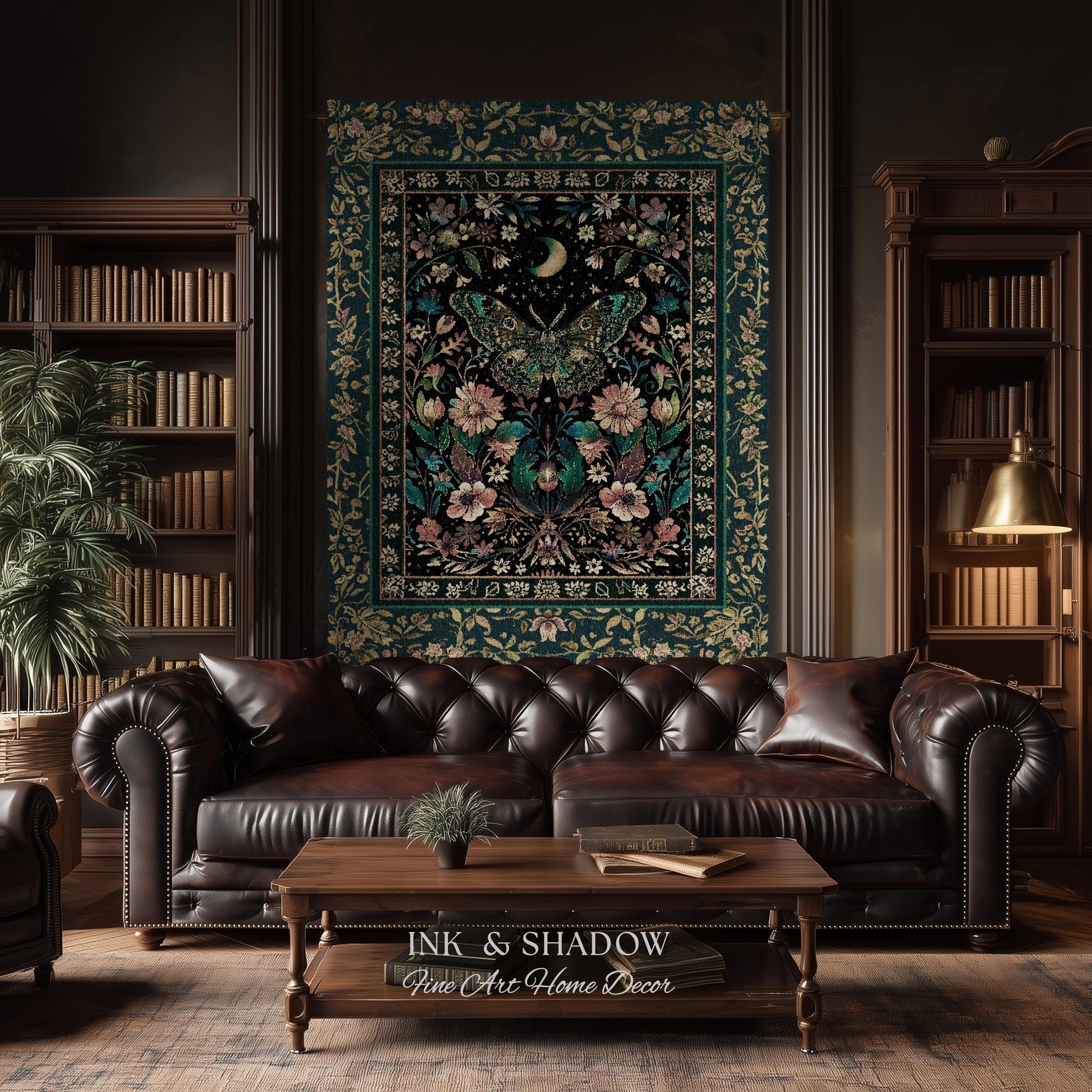 Mystic Moonlit Garden Moth Blanket Whimigothic Fairycore Decor | Dark Floral Witchy Moth Tapestry Whimsical Decor Butterfly Cottagecore Gift