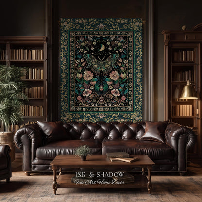 Mystic Moonlit Garden Moth Blanket Whimigothic Fairycore Decor | Dark Floral Witchy Moth Tapestry Whimsical Decor Butterfly Cottagecore Gift