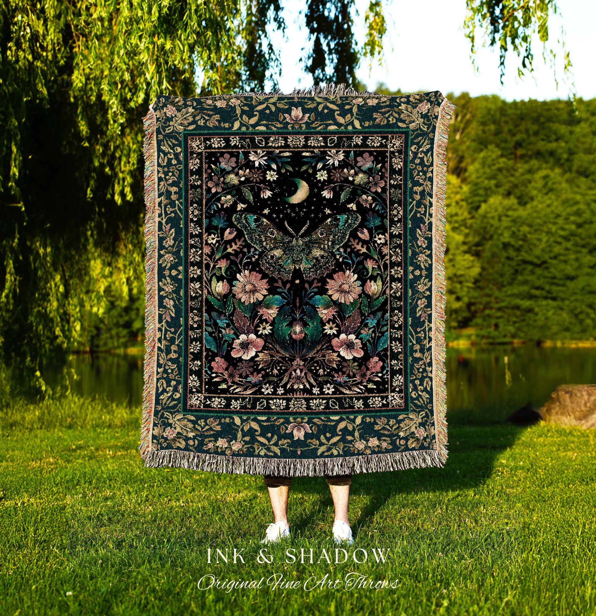 Mystic Moonlit Garden Moth Blanket Whimigothic Fairycore Decor | Dark Floral Witchy Moth Tapestry Whimsical Decor Butterfly Cottagecore Gift