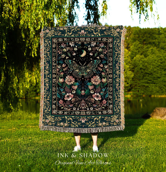 Mystic Moonlit Garden Moth Blanket Whimigothic Fairycore Decor | Dark Floral Witchy Moth Tapestry Whimsical Decor Butterfly Cottagecore Gift