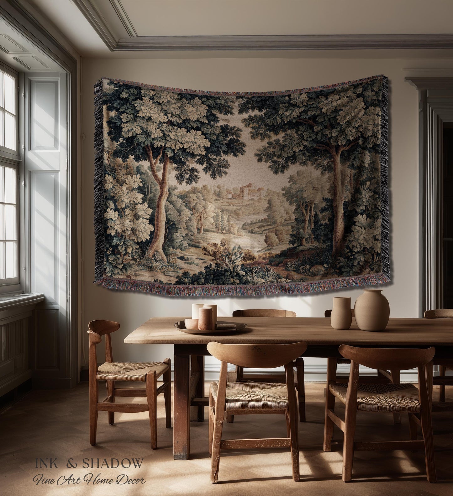 Verdure Landscape Tapestry Woven Blanket, Vintage Pastoral Bedroom Wall Decor Neutral Antique Style European Countryside Classic Cottage Art