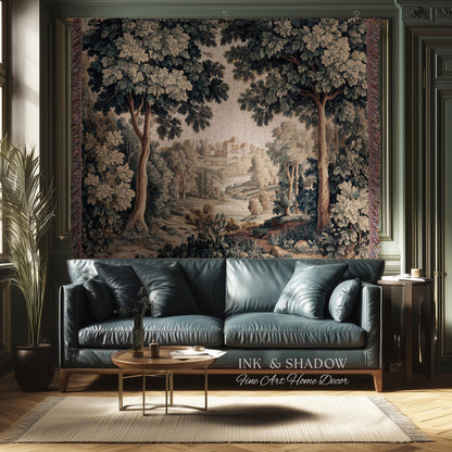 Verdure Landscape Tapestry Woven Blanket, Vintage Pastoral Bedroom Wall Decor Neutral Antique Style European Countryside Classic Cottage Art