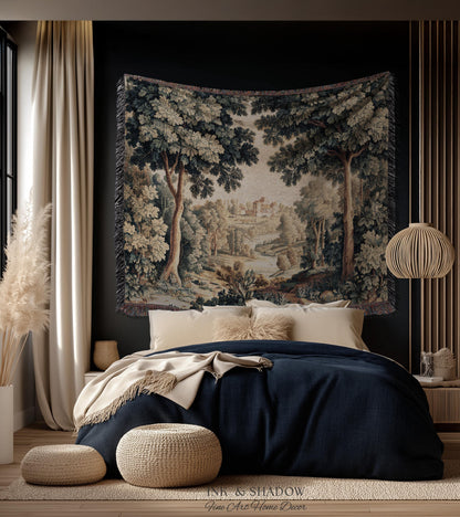 Verdure Landscape Tapestry Woven Blanket, Vintage Pastoral Bedroom Wall Decor Neutral Antique Style European Countryside Classic Cottage Art