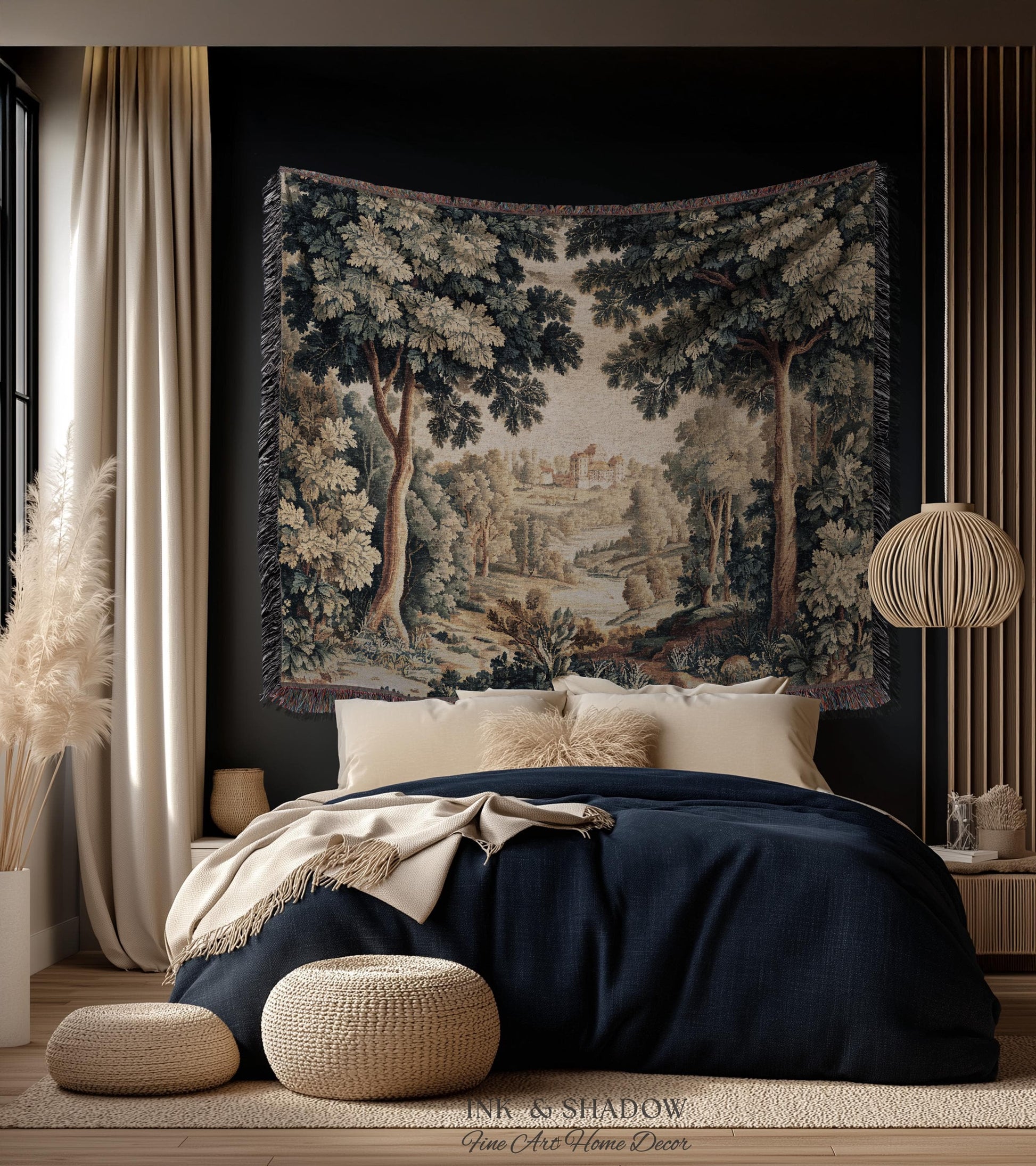 Verdure Landscape Tapestry Woven Blanket, Vintage Pastoral Bedroom Wall Decor Neutral Antique Style European Countryside Classic Cottage Art