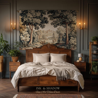 Verdure Landscape Tapestry Woven Blanket, Vintage Pastoral Bedroom Wall Decor Neutral Antique Style European Countryside Classic Cottage Art