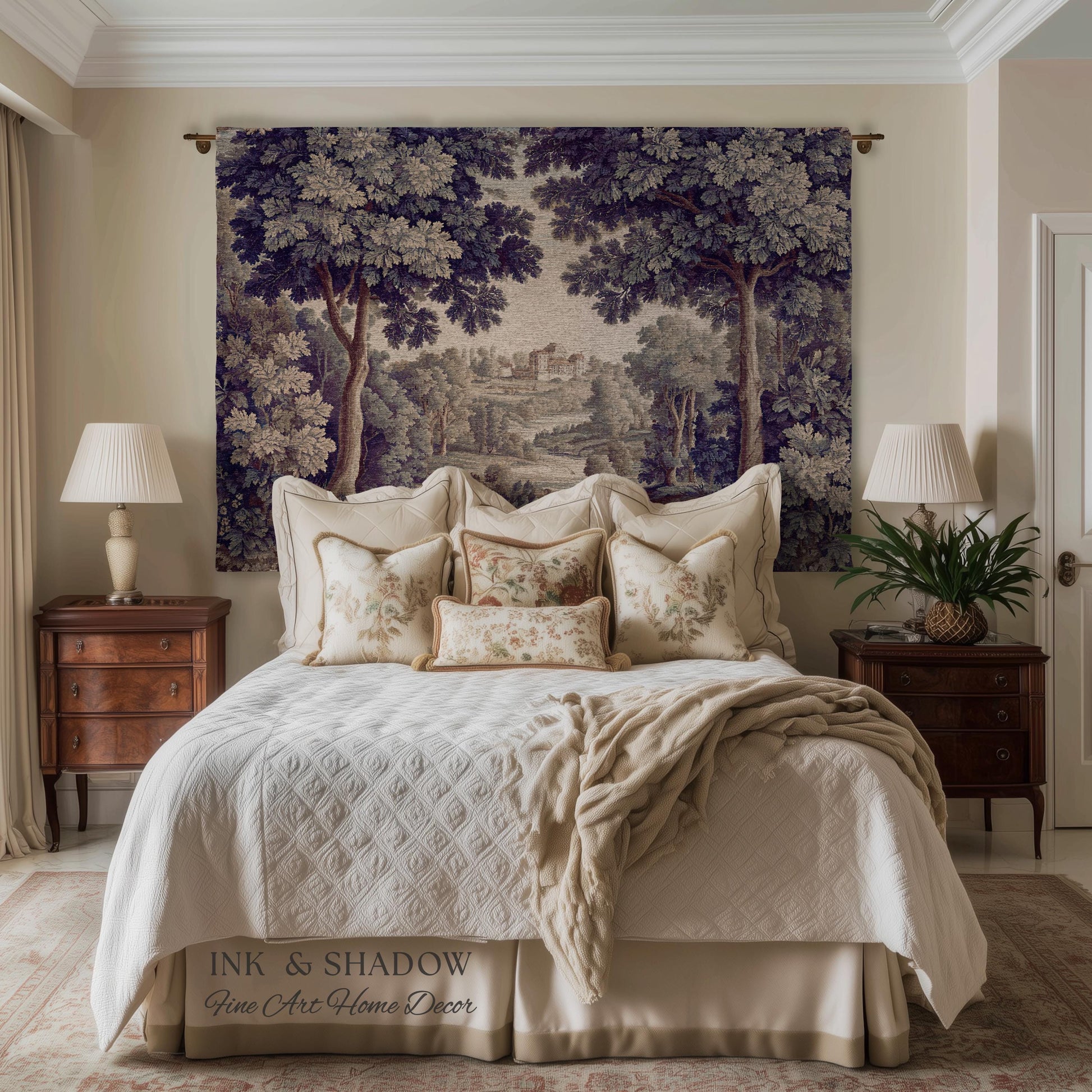 Ornate Forest Baroque Jacquard Tapestry | Traditional Landscape Grandmillenial Wall Hanging Victorian Rococo Bedroom Wall Art European Art