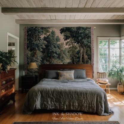 Old World Forest Romantic Woodland River Scene Tapestry | Rustic Elegance Lush Landscape Woven Throw Wall Art Timeless Tranquil Home Decor