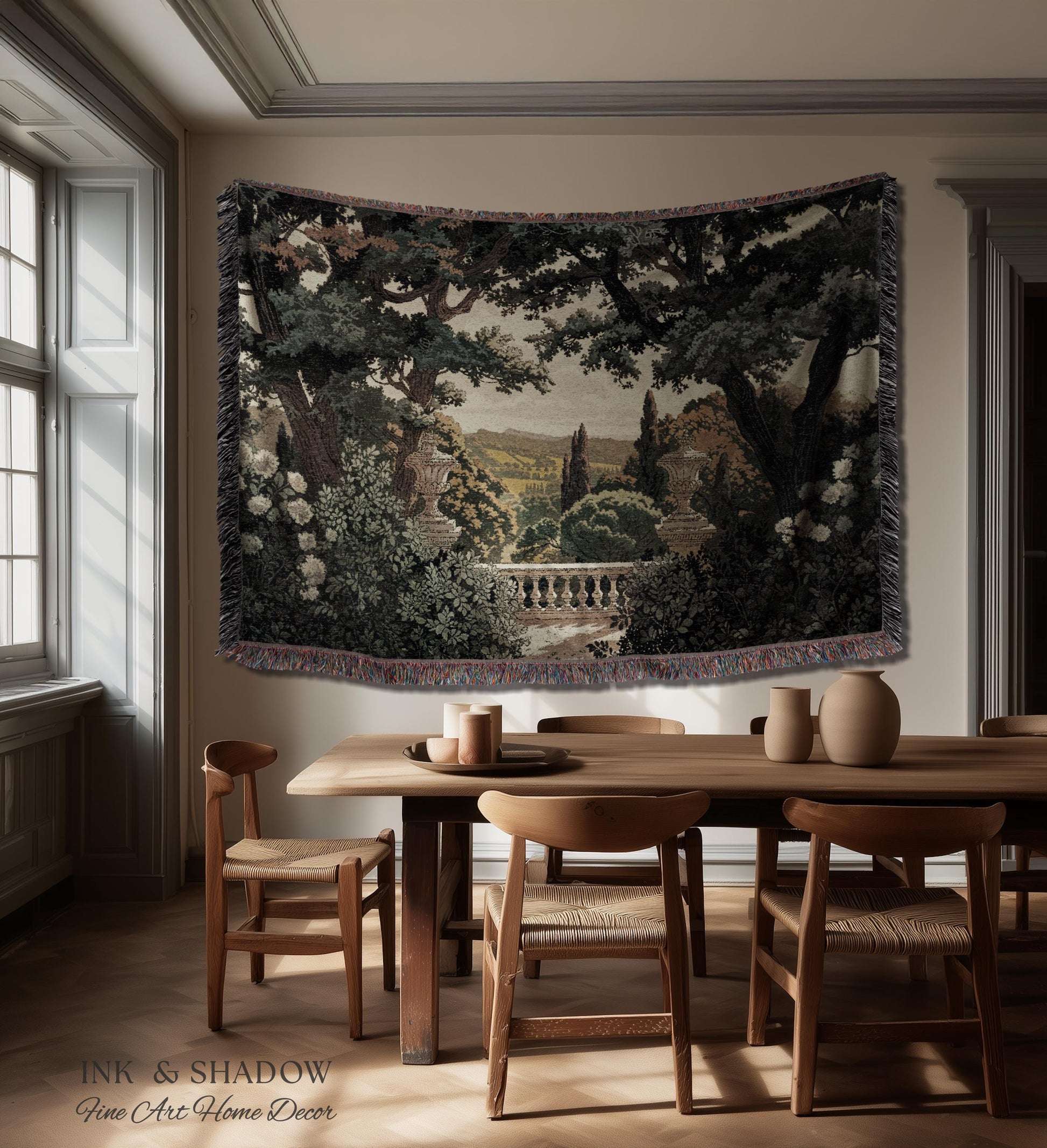 Classical Elegance Verdure Terrace Landscape European Tapestry Throw | French Chateau Garden Wall Art Traditional Jacquard Woven Blanket