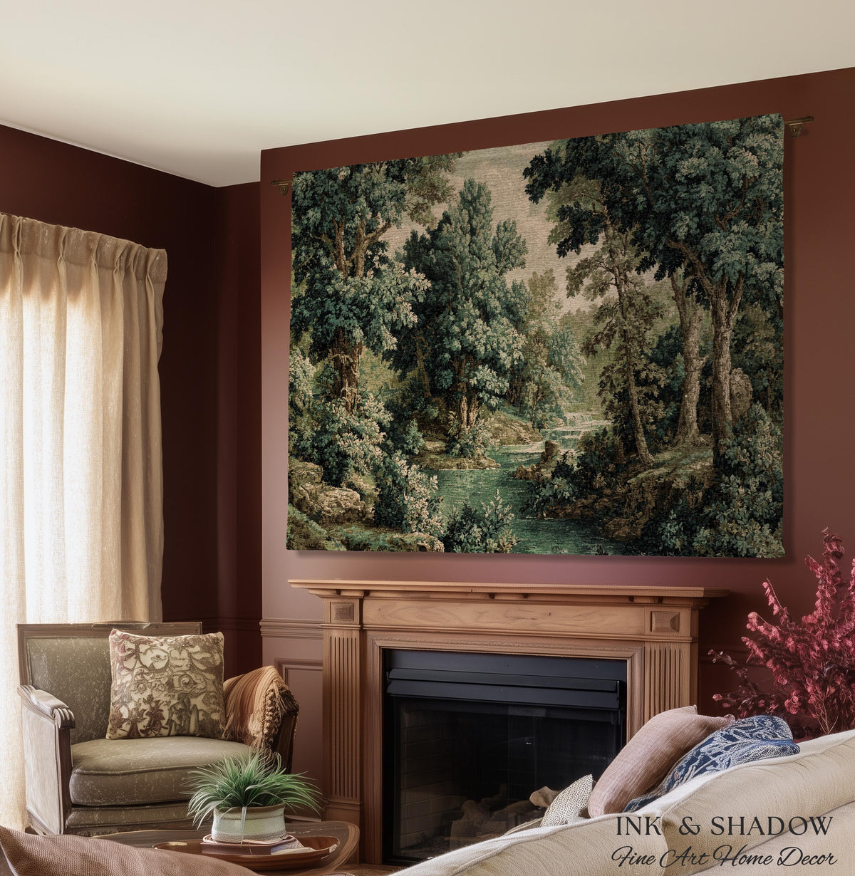 Old World Forest Romantic Woodland River Scene Tapestry | Rustic Elegance Lush Landscape Woven Throw Wall Art Timeless Tranquil Home Decor