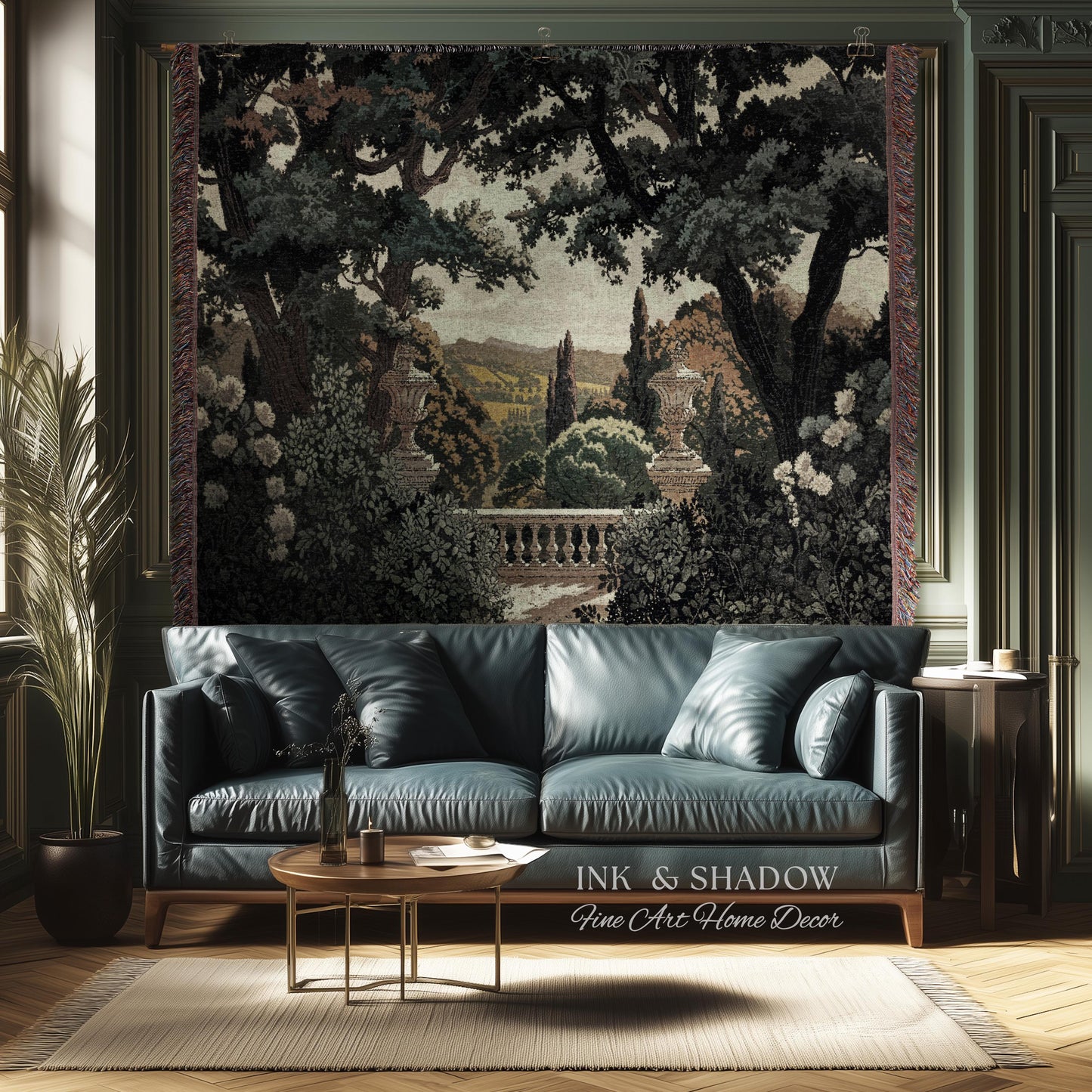 Classical Elegance Verdure Terrace Landscape European Tapestry Throw | French Chateau Garden Wall Art Traditional Jacquard Woven Blanket
