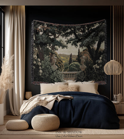 Classical Elegance Verdure Terrace Landscape European Tapestry Throw | French Chateau Garden Wall Art Traditional Jacquard Woven Blanket