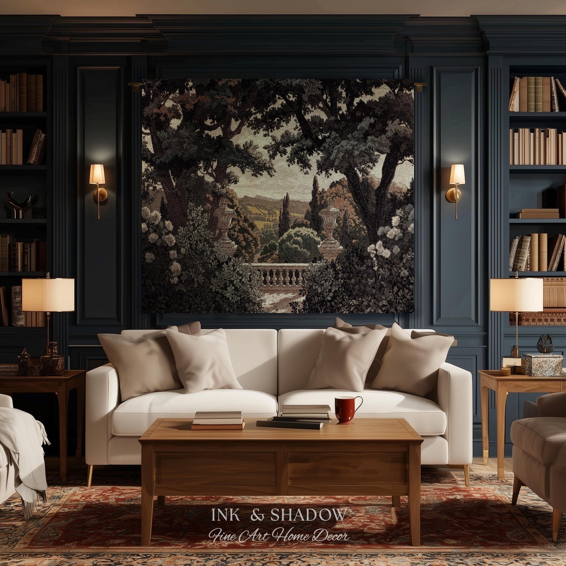 Classical Elegance Verdure Terrace Landscape European Tapestry Throw | French Chateau Garden Wall Art Traditional Jacquard Woven Blanket