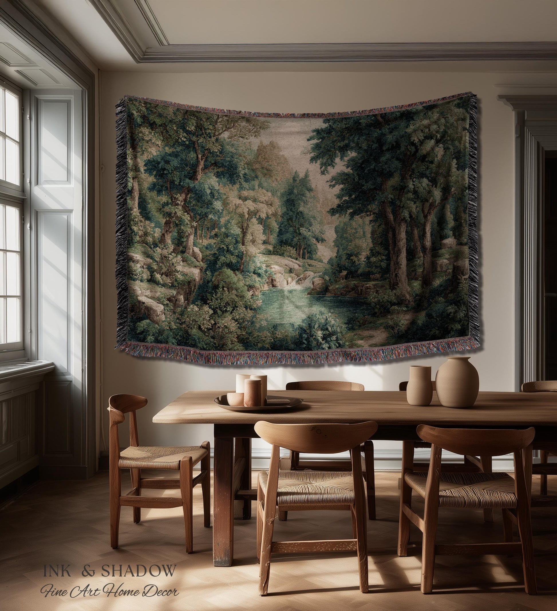 Emerald Lagoon Verdant Woven Wall Tapestry | Vintage Nature Blanket European Woodland Textile Romantic Greenery Dreamy Teal Forest Artwork