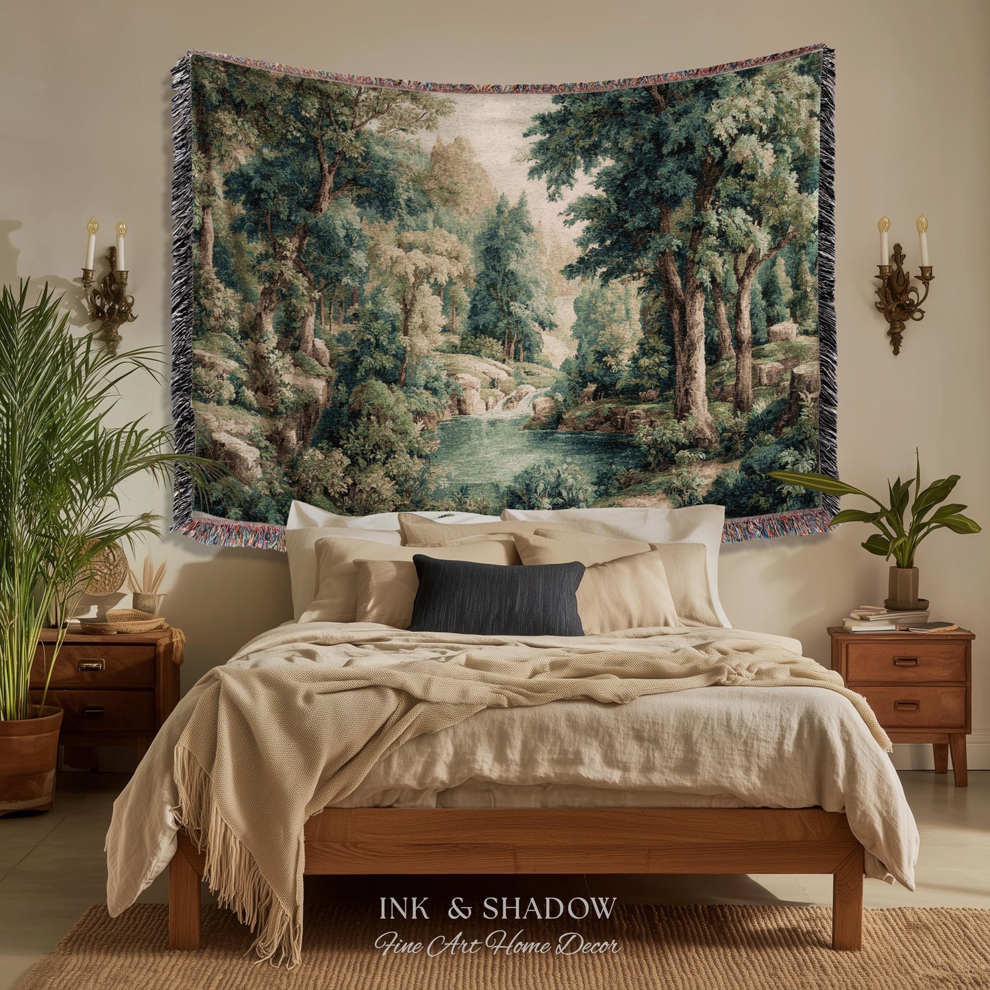 Emerald Lagoon Verdant Woven Wall Tapestry | Vintage Nature Blanket European Woodland Textile Romantic Greenery Dreamy Teal Forest Artwork