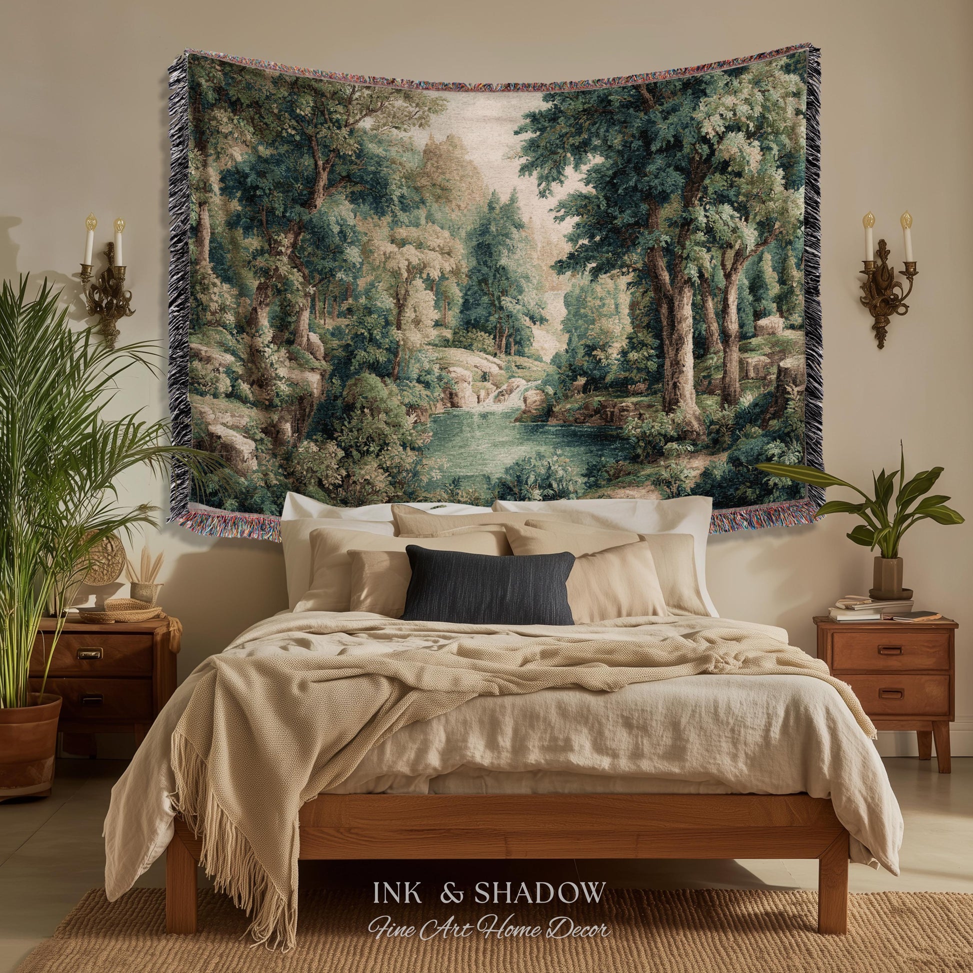 Emerald Lagoon Verdant Woven Wall Tapestry | Vintage Nature Blanket European Woodland Textile Romantic Greenery Dreamy Teal Forest Artwork