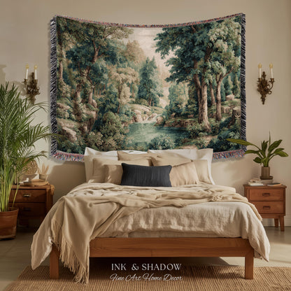Emerald Lagoon Verdant Woven Wall Tapestry | Vintage Nature Blanket European Woodland Textile Romantic Greenery Dreamy Teal Forest Artwork