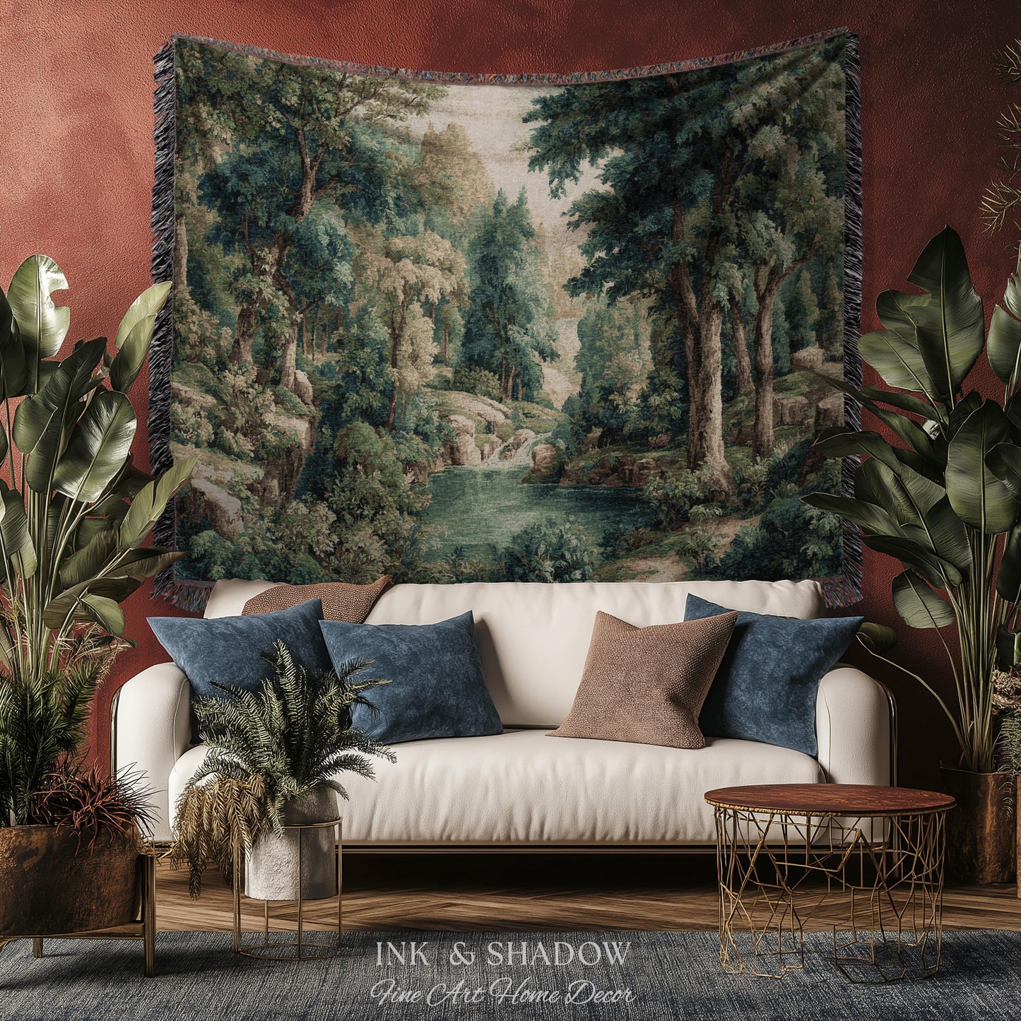 Emerald Lagoon Verdant Woven Wall Tapestry | Vintage Nature Blanket European Woodland Textile Romantic Greenery Dreamy Teal Forest Artwork