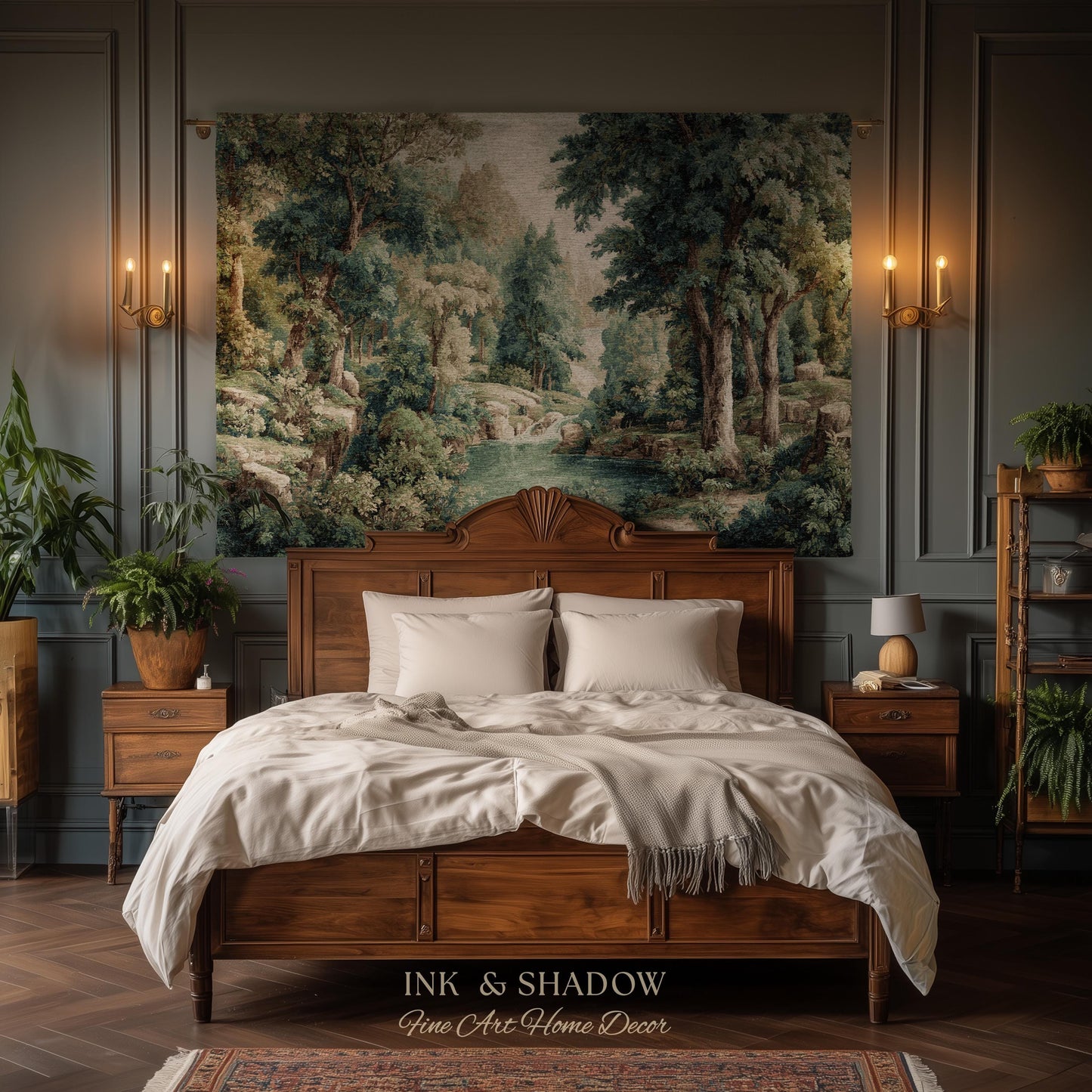 Emerald Lagoon Verdant Woven Wall Tapestry | Vintage Nature Blanket European Woodland Textile Romantic Greenery Dreamy Teal Forest Artwork