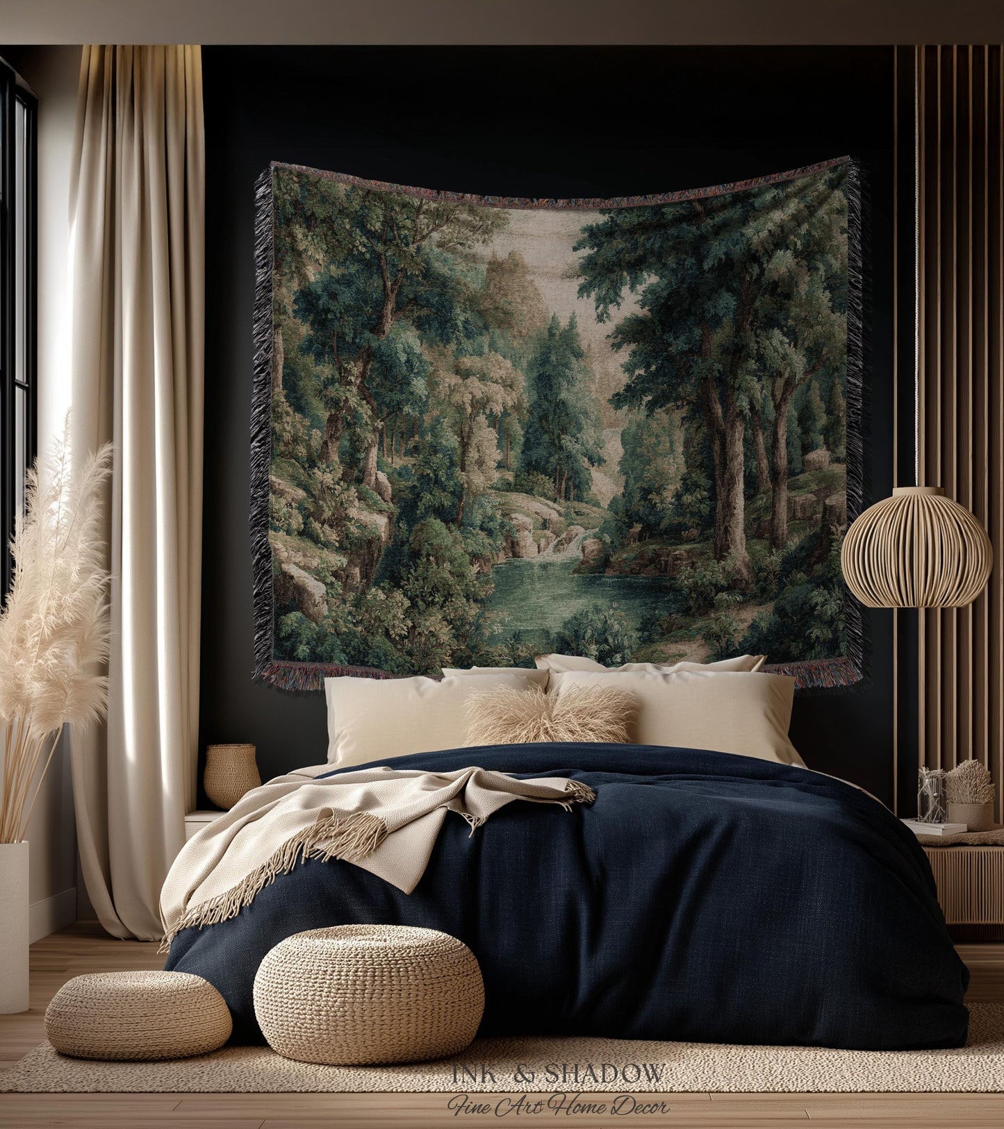 Emerald Lagoon Verdant Woven Wall Tapestry | Vintage Nature Blanket European Woodland Textile Romantic Greenery Dreamy Teal Forest Artwork