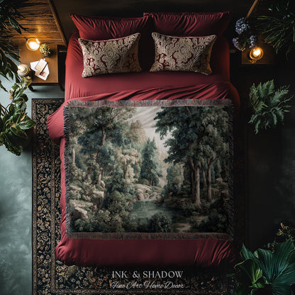 Emerald Lagoon Verdant Woven Wall Tapestry | Vintage Nature Blanket European Woodland Textile Romantic Greenery Dreamy Teal Forest Artwork