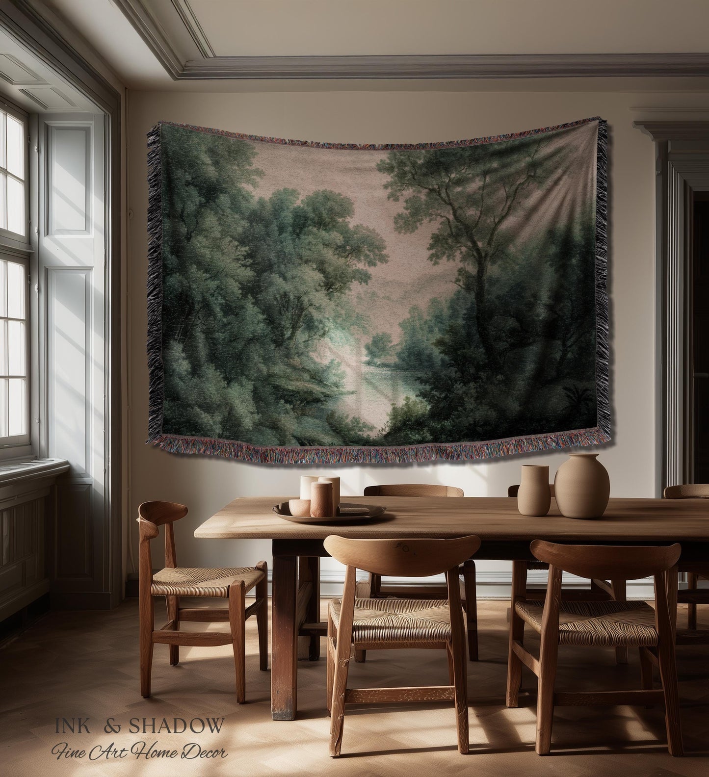 English Riverbank Soft Nature Wall Art | Hazy Green Woodland Traditional Verdure Tapestry Pastoral Scenery Botanical Woven Throw Blanket