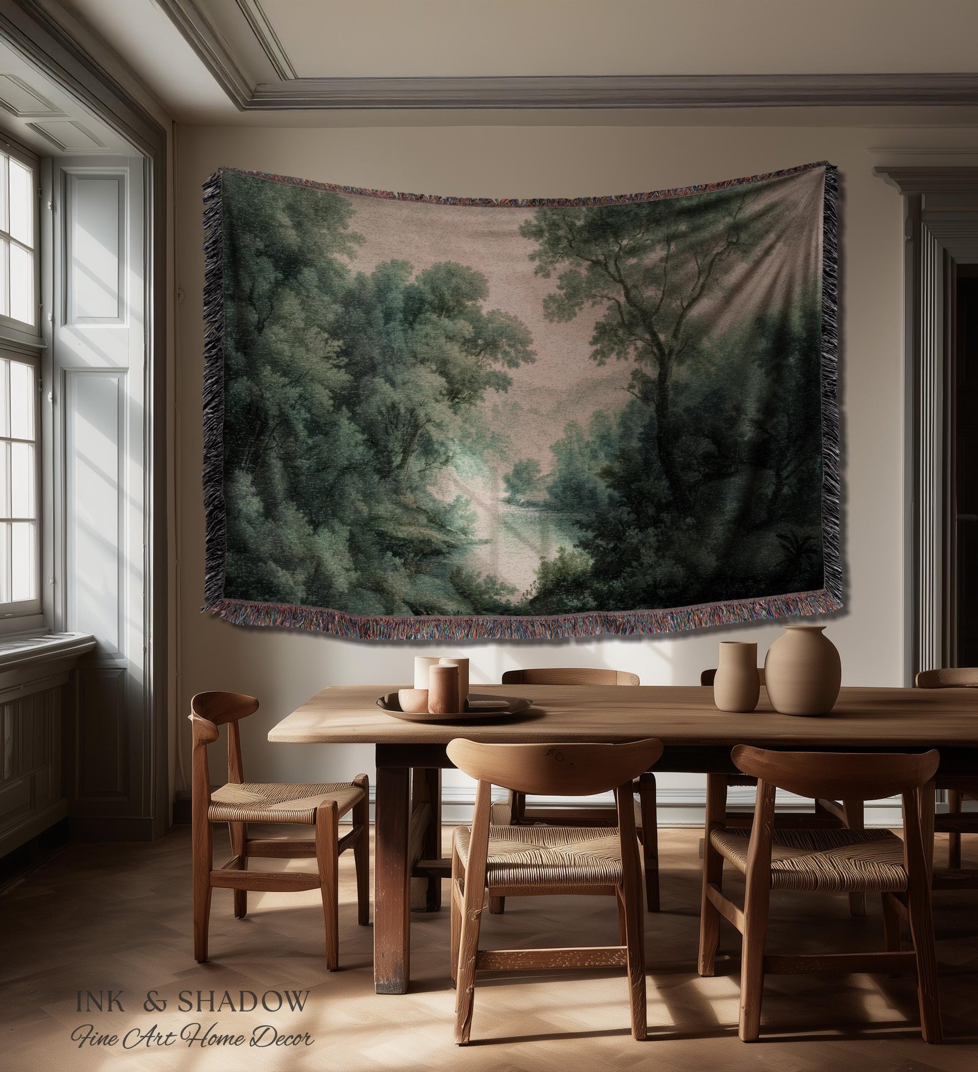 English Riverbank Soft Nature Wall Art | Hazy Green Woodland Traditional Verdure Tapestry Pastoral Scenery Botanical Woven Throw Blanket