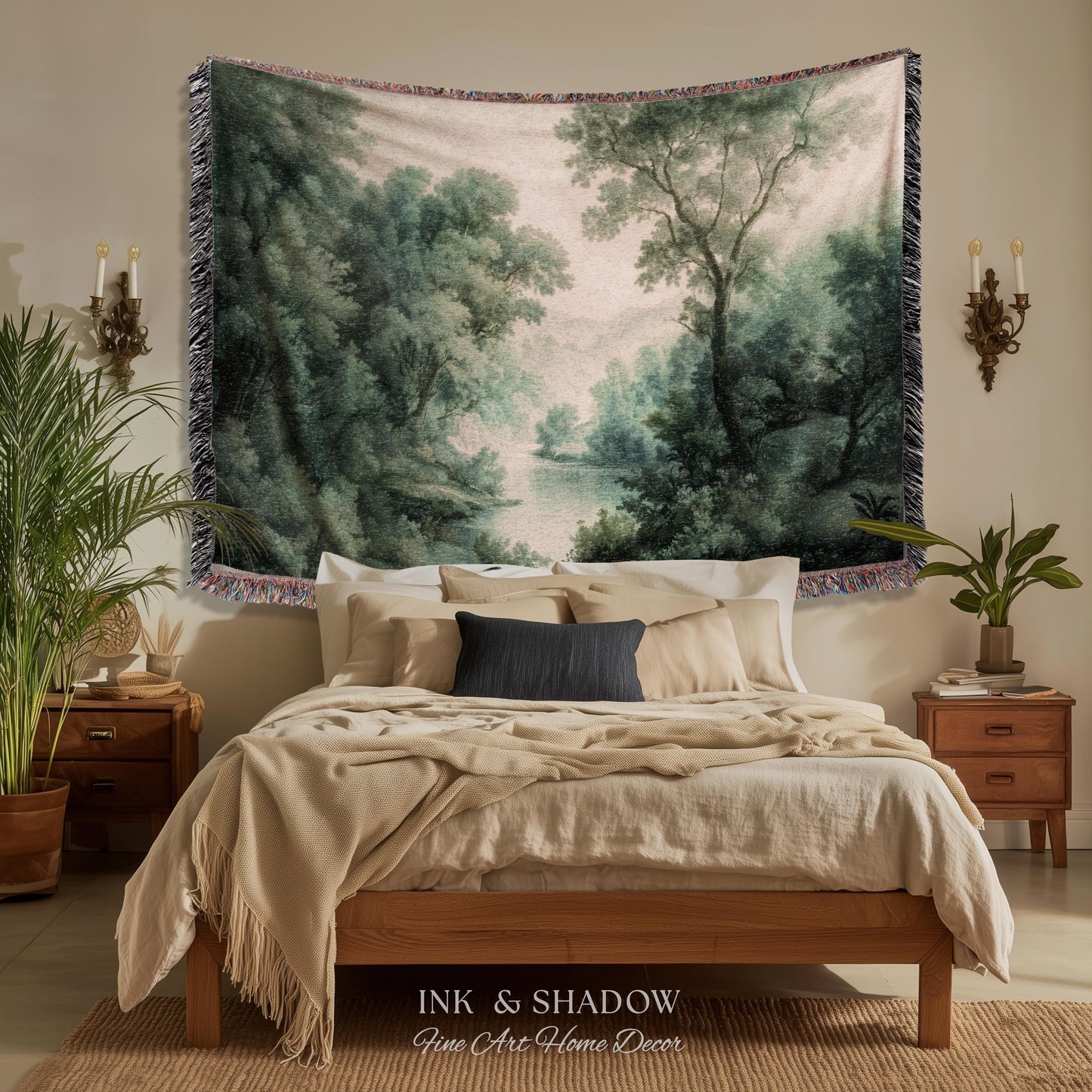 English Riverbank Soft Nature Wall Art | Hazy Green Woodland Traditional Verdure Tapestry Pastoral Scenery Botanical Woven Throw Blanket