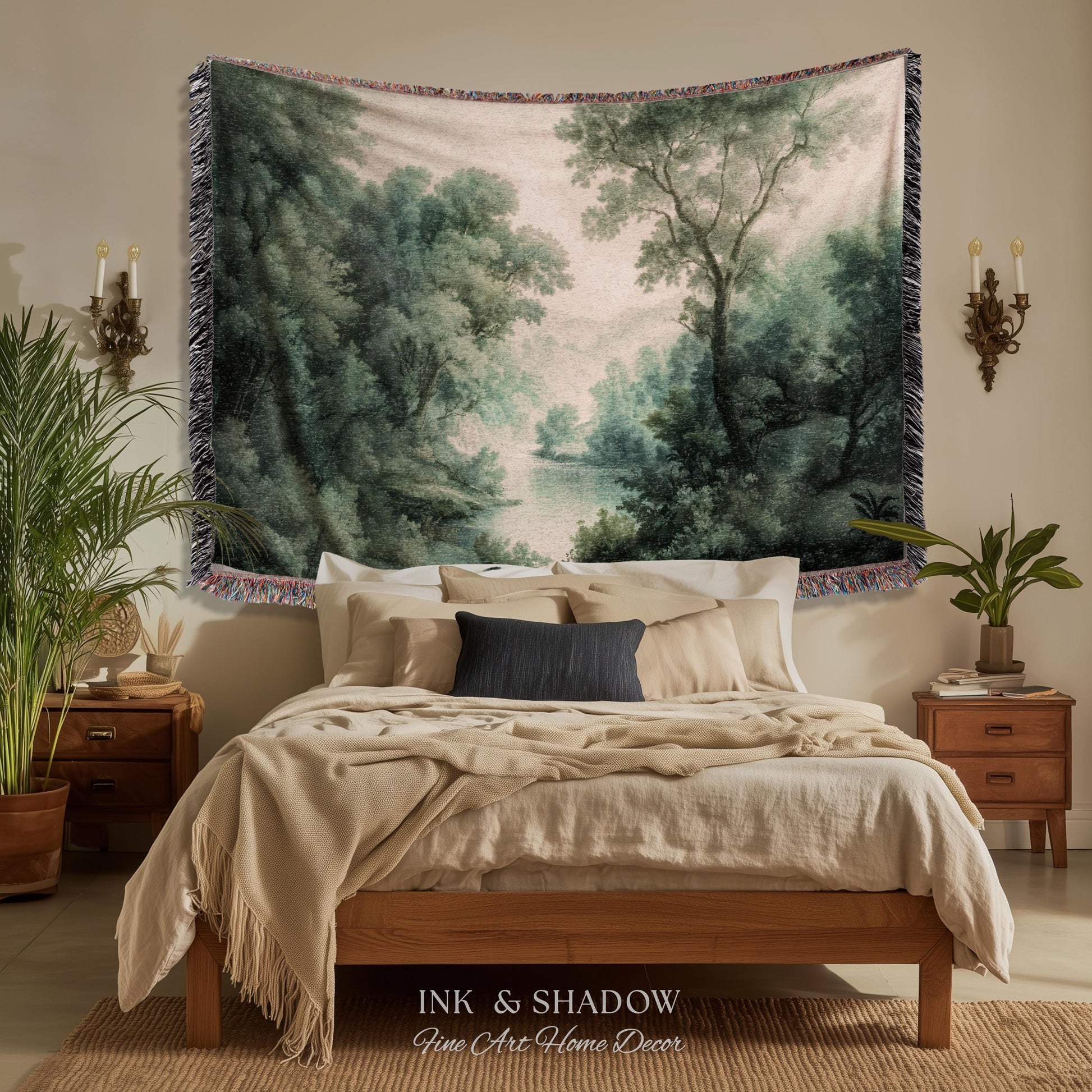 English Riverbank Soft Nature Wall Art | Hazy Green Woodland Traditional Verdure Tapestry Pastoral Scenery Botanical Woven Throw Blanket