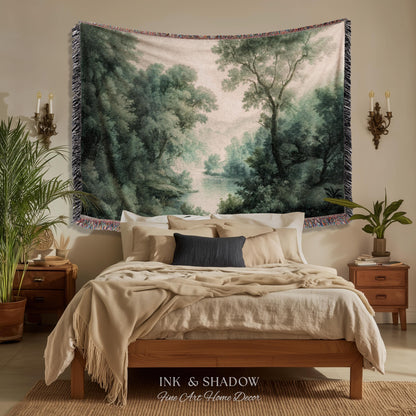 English Riverbank Soft Nature Wall Art | Hazy Green Woodland Traditional Verdure Tapestry Pastoral Scenery Botanical Woven Throw Blanket