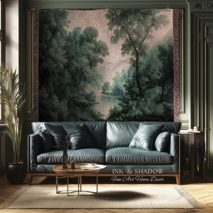 English Riverbank Soft Nature Wall Art | Hazy Green Woodland Traditional Verdure Tapestry Pastoral Scenery Botanical Woven Throw Blanket