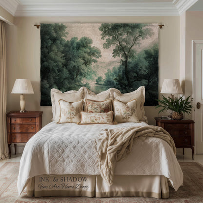 English Riverbank Soft Nature Wall Art | Hazy Green Woodland Traditional Verdure Tapestry Pastoral Scenery Botanical Woven Throw Blanket