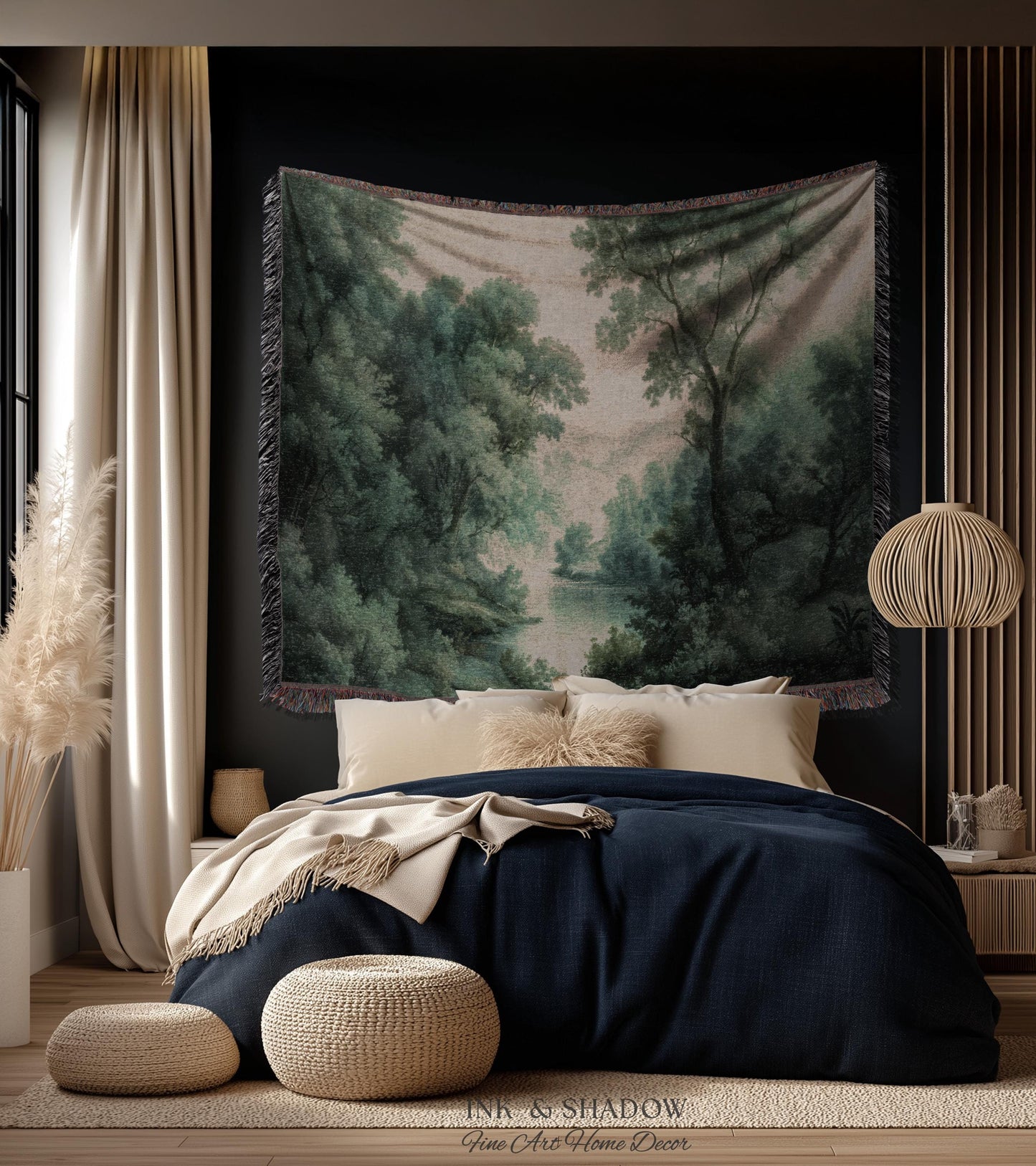 English Riverbank Soft Nature Wall Art | Hazy Green Woodland Traditional Verdure Tapestry Pastoral Scenery Botanical Woven Throw Blanket