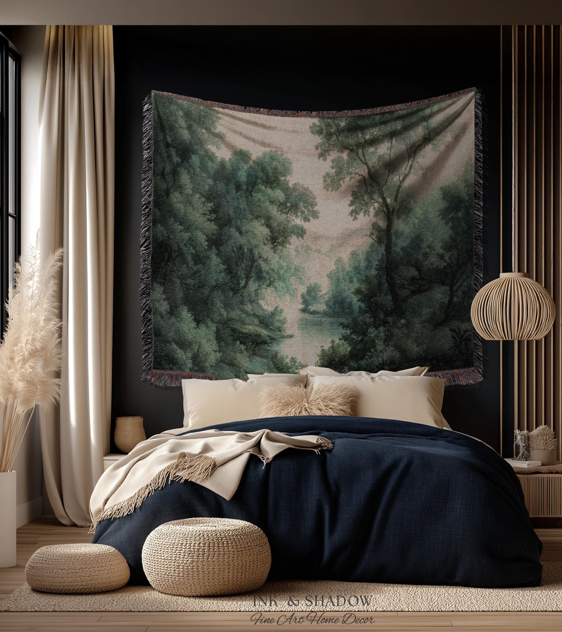 English Riverbank Soft Nature Wall Art | Hazy Green Woodland Traditional Verdure Tapestry Pastoral Scenery Botanical Woven Throw Blanket