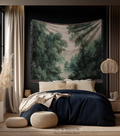 English Riverbank Soft Nature Wall Art | Hazy Green Woodland Traditional Verdure Tapestry Pastoral Scenery Botanical Woven Throw Blanket