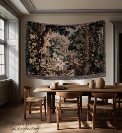 Neoclassical Estate Old World Tapestry | European Garden Formal Wall Art Lush Manor Woven Throw Blanket Italian Landscape Verdure Scenery